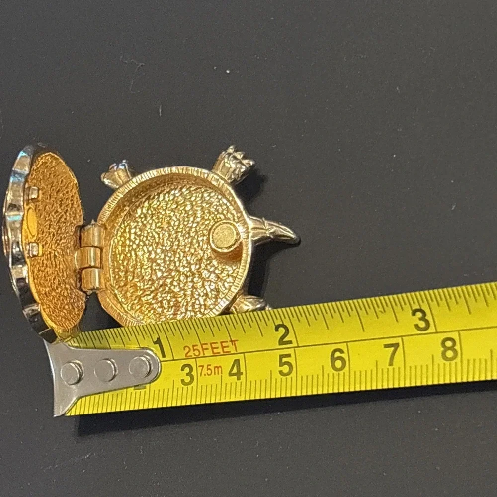 Vintage Gold Tone Turtle Trinket Box - Magnetic Shell Locket Pill Box Compact